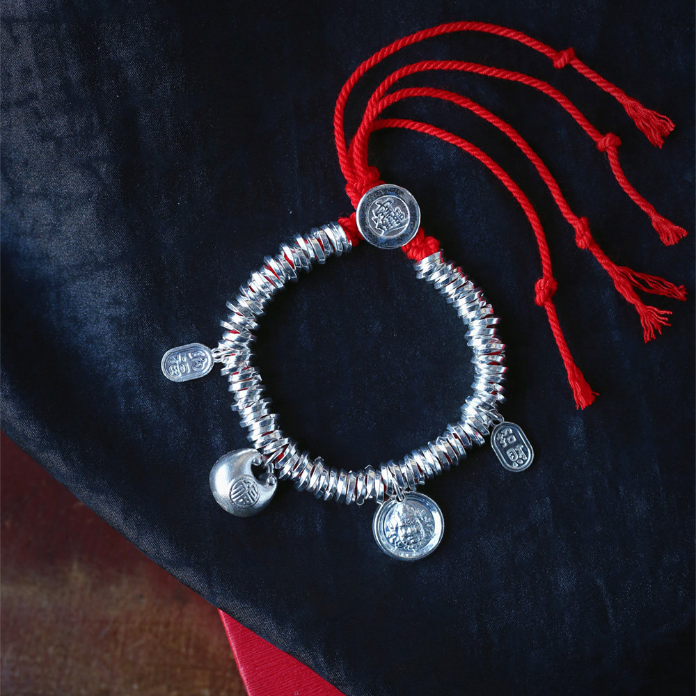 999足银盘缠搭配黄财神坠子款银手链手绳 男女款纯银首饰饰品,饰品/流行首饰/时尚饰品新,银饰手链,淘宝优惠券,粉丝福利购,淘宝优惠卷