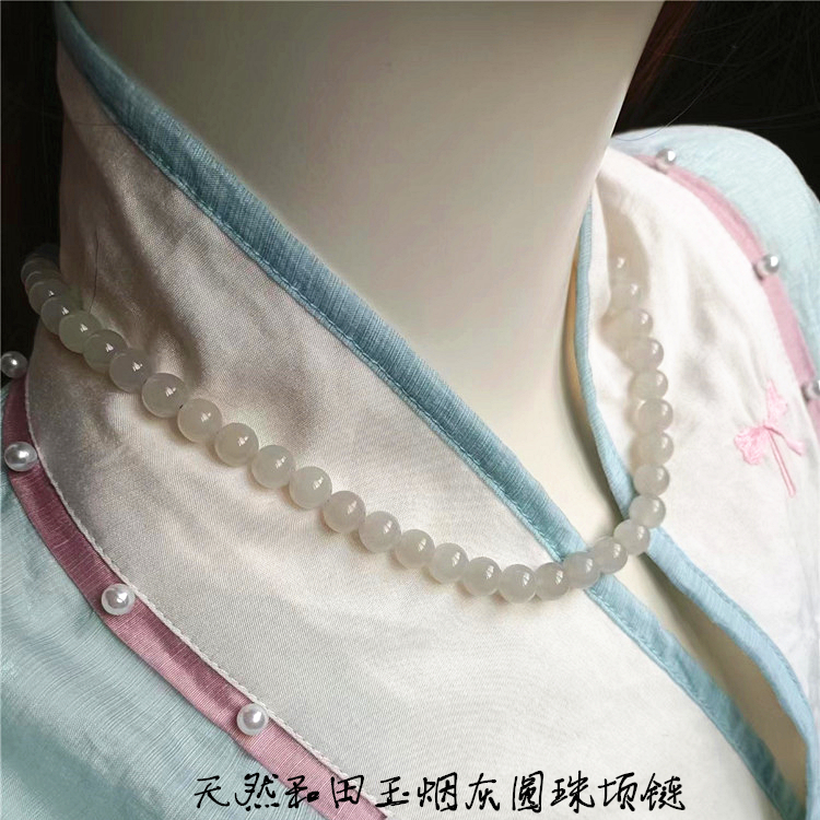 天然和田玉青海料冰料烟灰圆珠款项链 女款高端玉石妈妈链饰品