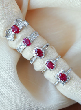 天然老烧红宝石纯银镶嵌戒指