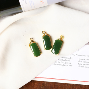 玉石锁骨链饰品 吊坠女款 天然俄罗斯碧玉菠菜绿纯银镶嵌款 小方条款