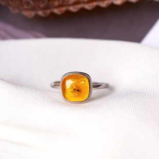 特色料 天然正品缅甸琥珀虫珀纯银镶嵌戒指 男女款琥珀戒指饰品