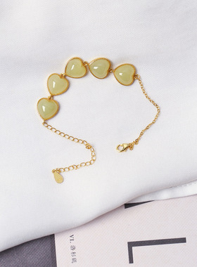 天然和田玉黄口纯银镶嵌爱心款手链 女款玉石简约款银手链饰品