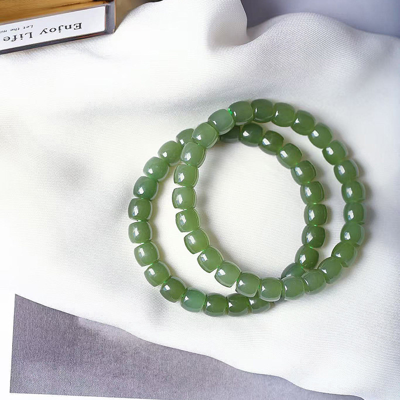 天然和田玉青海料青玉湖水绿直切珠款手链 女款玉石素圈手链饰品