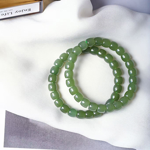 天然和田玉青海料青玉湖水绿直切珠款手链 女款玉石素圈手链饰品