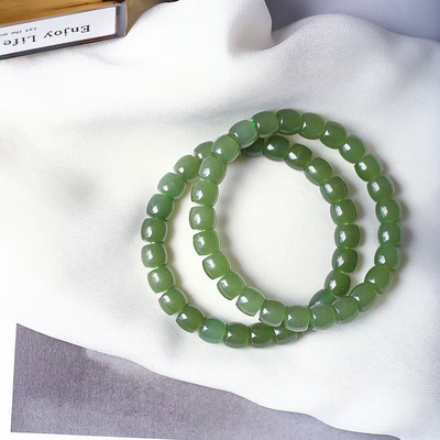 天然和田玉青海料青玉湖水绿直切珠款手链 女款玉石素圈手链饰品