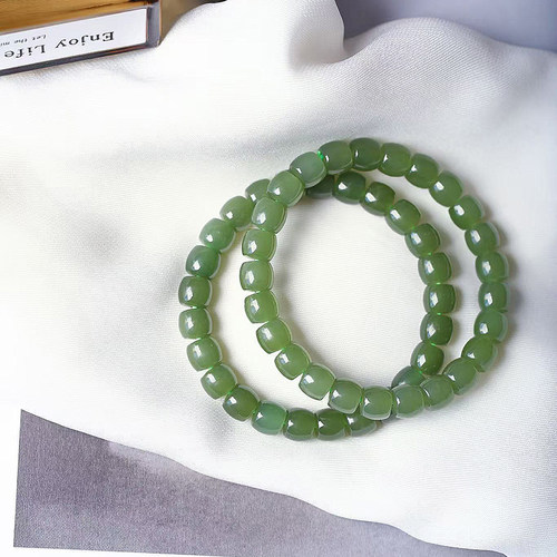 天然和田玉青海料青玉湖水绿直切珠款手链 女款玉石素圈手链饰品
