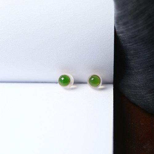 精工定制款 天然碧玉18K金镶嵌耳钉 女款玉石简约气质款耳饰礼物