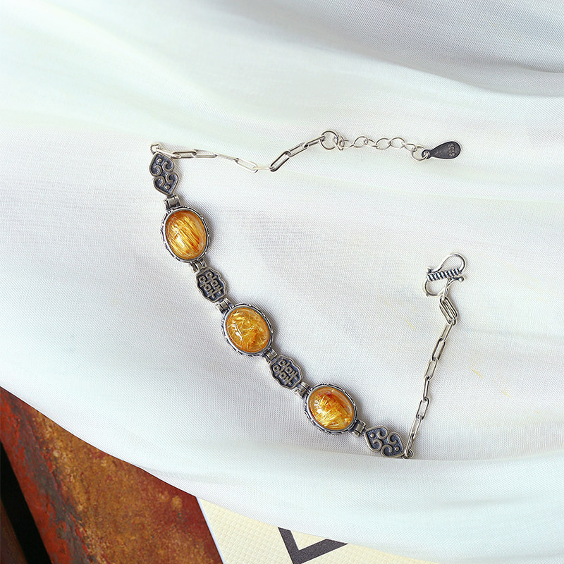 天然金发晶钛晶蛋面纯银复古托镶嵌款手链 女款钛晶水晶饰品礼物,饰品/流行首饰/时尚饰品新,手饰/手串,淘宝优惠券,粉丝福利购,淘宝优惠卷