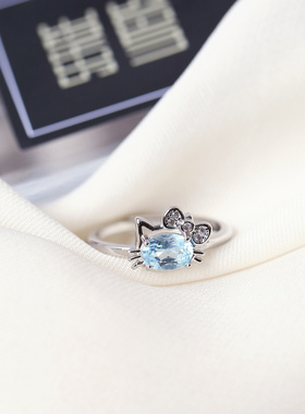 工厂福利 天然天空蓝托帕石镀银镶嵌小猫款戒指 女彩宝水晶指环