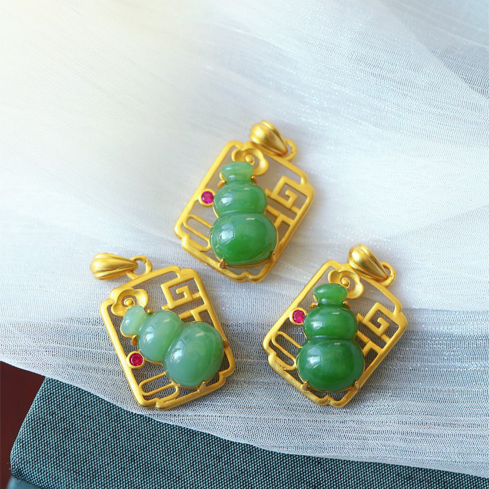 天然和田玉俄罗斯碧玉小葫芦纯银古法金镶嵌吊坠女款玉石挂坠饰品