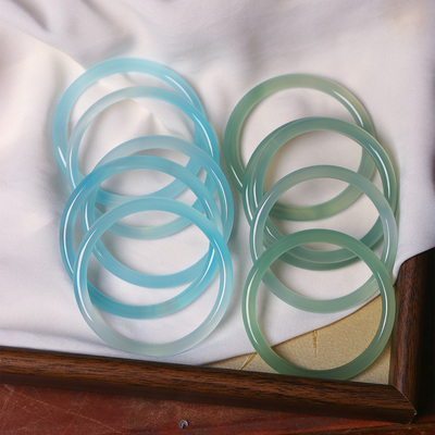 天然玉髓库里蓝油青色细条叮当手镯 女款冰透玉髓镯子饰品礼物