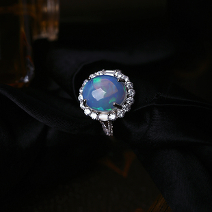 精品彩宝天然欧泊纯银镶嵌戒指火彩好女款彩宝欧珀时尚款戒指饰品