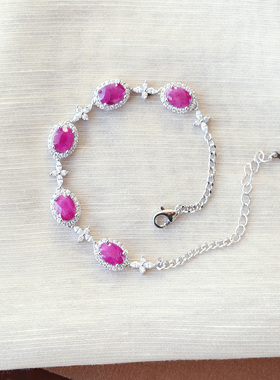 天然红宝石纯银镶嵌手链