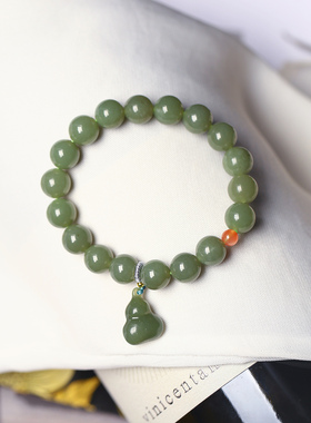 天然和田玉青黄口料圆珠搭配小葫芦坠子原创款手链 女款玉石手串