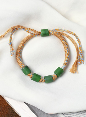 天然俄罗斯碧玉桶珠原创编织款手绳手链 女款玉石手绳饰品礼物