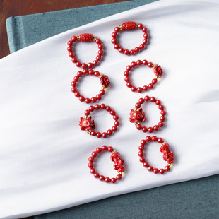 原矿朱砂帝王砂圆珠搭配貔貅小花桶珠款戒指男女款高含量朱砂饰品