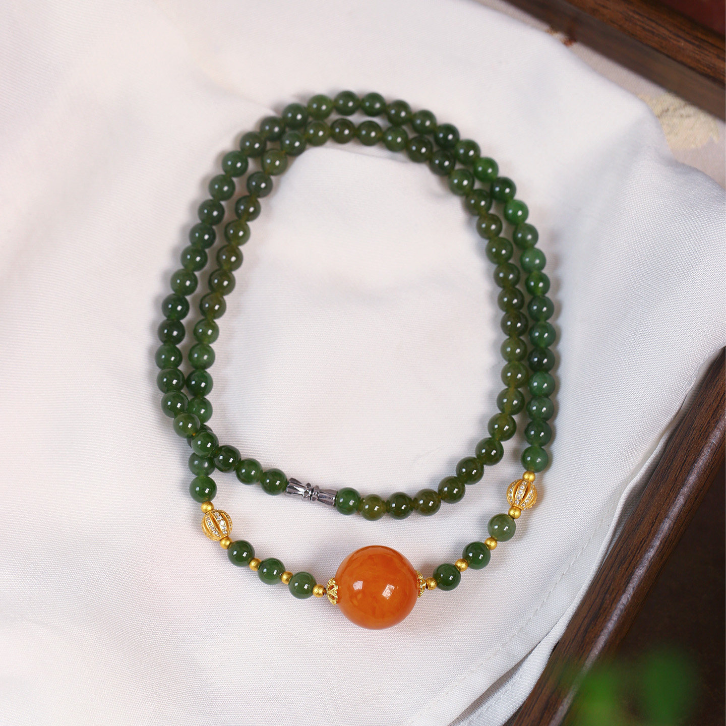 天然俄罗斯碧玉搭配蜜蜡珠原创搭配款三圈手链 女款玉石手串饰品