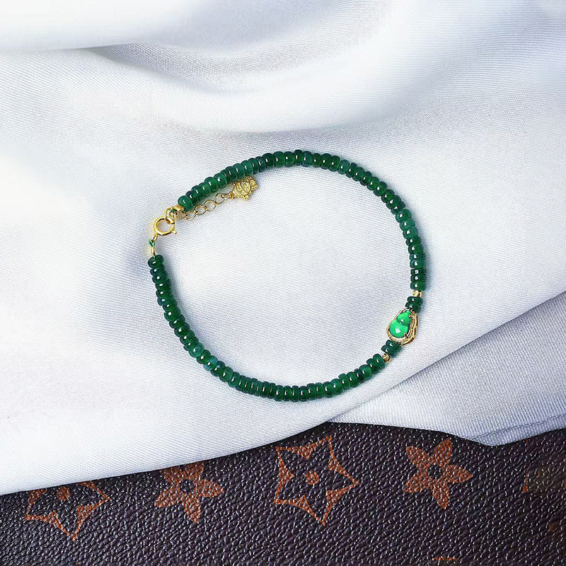 天然A货翡翠危料帝王绿盘珠搭配葫芦原创款手链 女款翡翠手串饰品