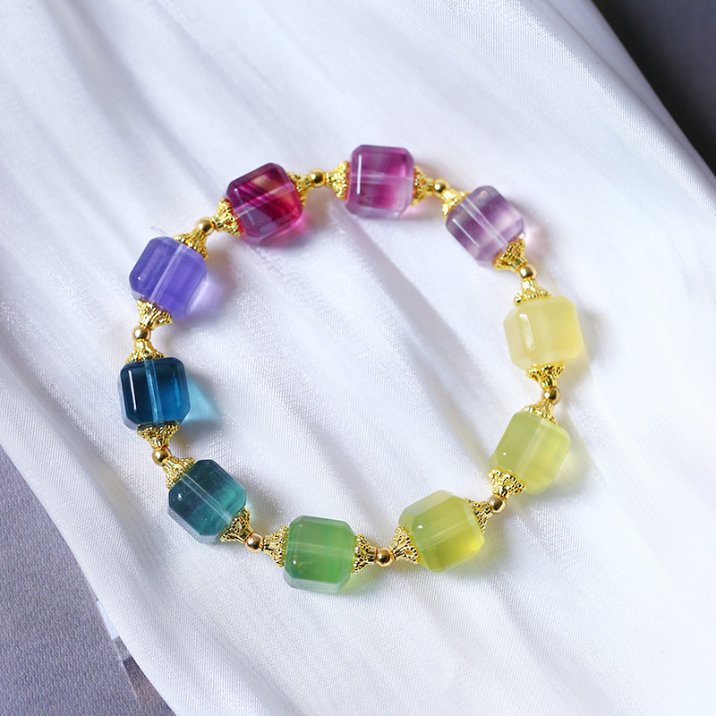 天然彩萤石色标款方糖手链