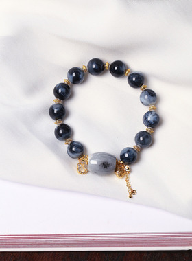 天然和田玉新疆料聚墨青花圆珠原创搭配款手链 女款玉石手串饰品
