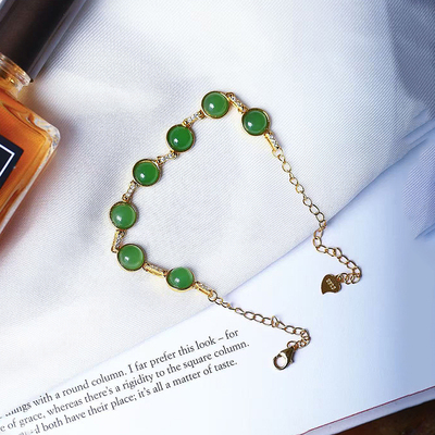 天然俄罗斯碧玉冰绿圆面裸石纯银镶嵌款手链 女款简约款手链饰品