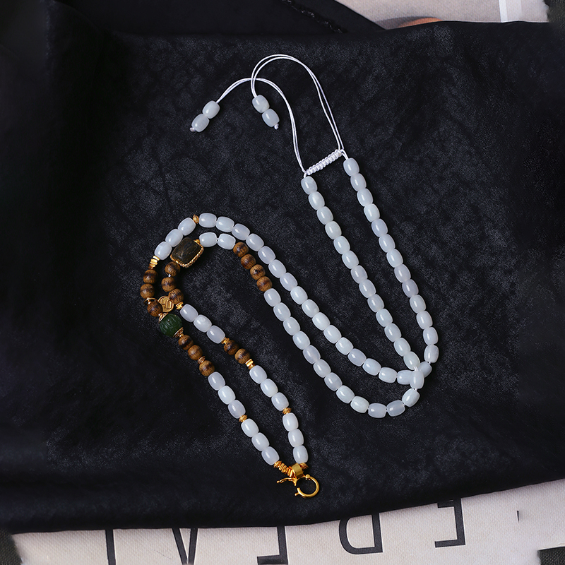 天然和田玉白玉桶珠原创搭配款项链吊锥绳女款玉石万能扣链子饰品