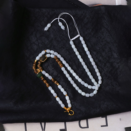 天然和田玉白玉桶珠原创搭配款项链吊锥绳女款玉石万能扣链子饰品