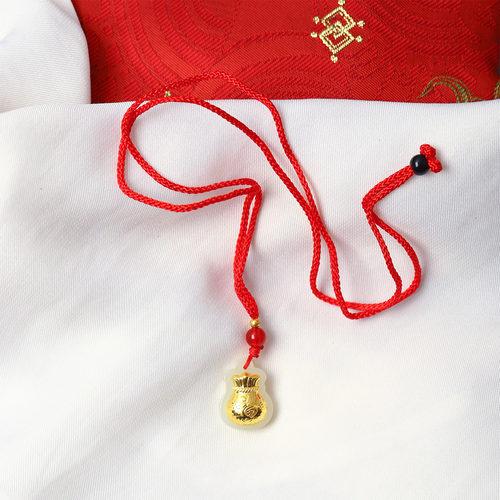 天然和田玉金镶玉福袋款吊坠 红绳挂绳女款玉石项链挂坠饰品