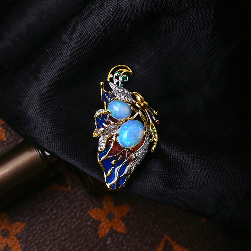 天然欧珀纯银镶嵌蝴蝶款吊坠胸针两用款 女款欧泊饰品火彩好