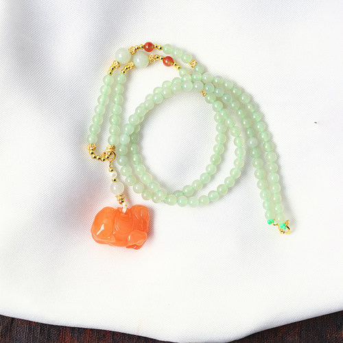 天然南红玛瑙雕刻唐马搭配和田玉链子原创款吊坠毛衣链女款挂坠