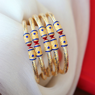 999足银滴油描金吉言手镯 女款纯银圆条开口镯子送妈妈送闺蜜