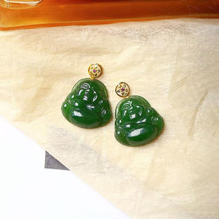天然俄罗斯碧玉弥勒佛18K金扣头镶嵌款吊坠 女款玉石佛公挂坠饰品