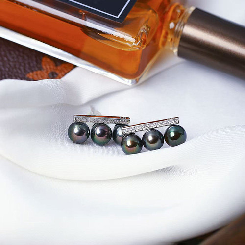 天然海水大溪地黑珍珠纯银镶嵌款耳钉 女款高端珍珠耳饰饰品礼物