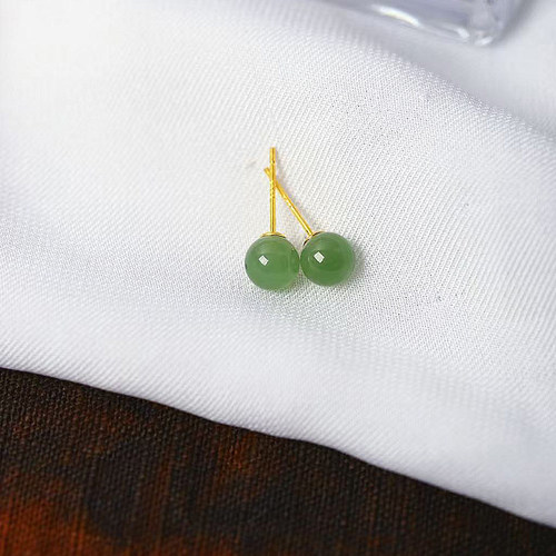 天然俄罗斯碧玉圆珠纯银镶嵌耳钉小灯泡款 女款玉石耳钉饰品礼物
