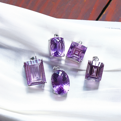 天然紫水晶纯银镶嵌款吊坠