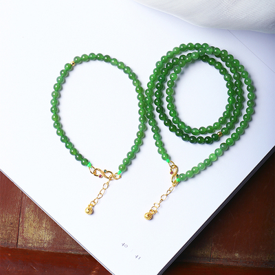 天然俄罗斯碧玉冰绿色圆珠手链项链套装 女款玉石锁骨链手饰饰品