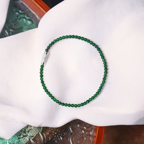 天然A货翡翠危料帝王绿翡翠小米珠款单圈手链 女时尚百搭翡翠饰品