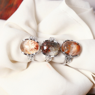 天然水晶彩幽灵蛋面镀银镶嵌款戒指 女款水晶四季幽灵指环送女友