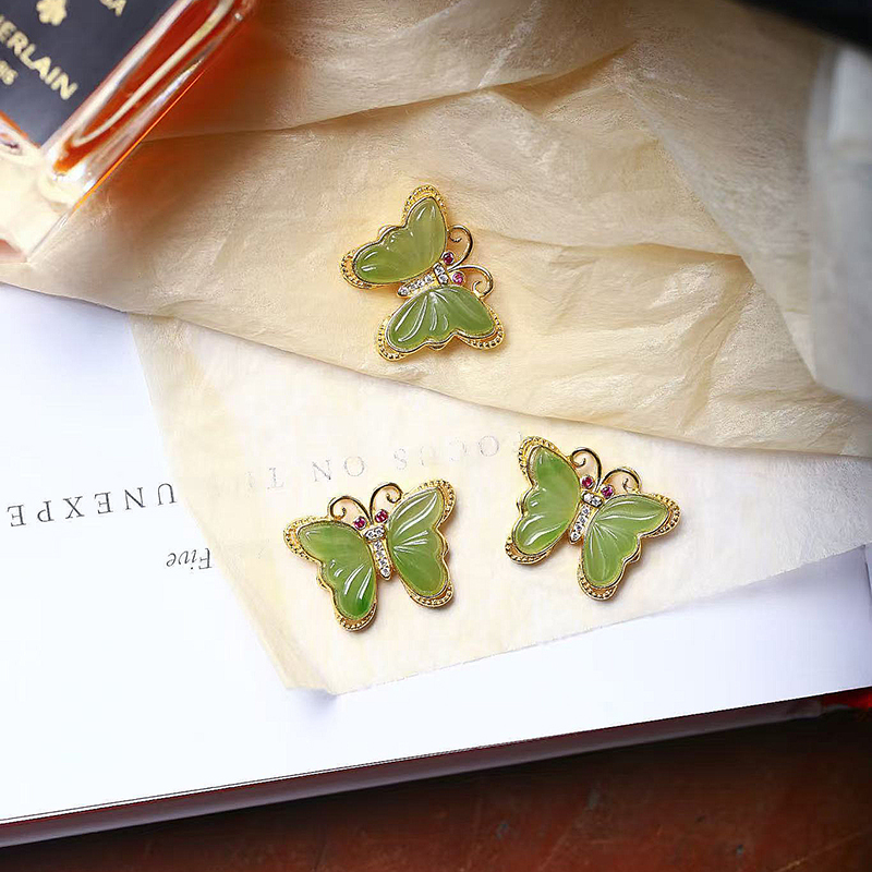 天然俄罗斯碧玉纯银镶嵌蝴蝶款吊坠 女款玉石锁骨链挂坠饰品