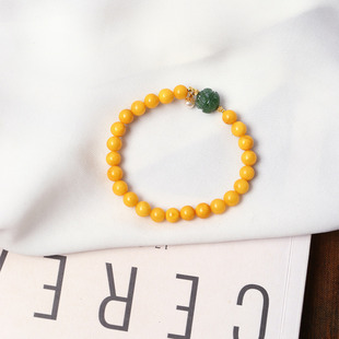 琥珀蜜蜡手串饰品 女款 天然蜜蜡圆珠搭配碧玉配件原创款 手链