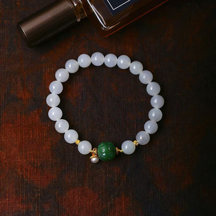 天然和田玉老料白玉圆珠搭配碧玉配件原创款 玉石手串饰品 手链女款