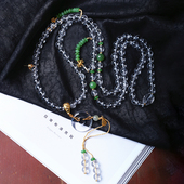 天然白水晶圆珠原创设计款 佛珠链搭配碧玉 男女水晶颈链项链饰品