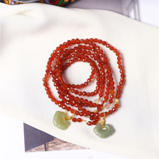 女款 天然水晶橙石榴石刻面珠搭配和田玉小锁原创搭配款 三圈手链