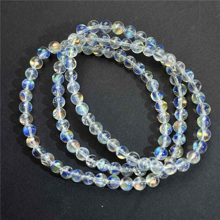 精品天然月光石马岛蓝光异彩粉紫光三圈款手链女款彩虹月光石饰品