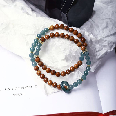 天然文玩库克搭配A货翡翠危料蓝水原创款两圈手链 女款文玩手串
