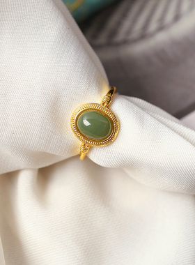 天然和田玉青玉蛋面纯银镶嵌款戒指 女款简约款戒圈饰品礼物