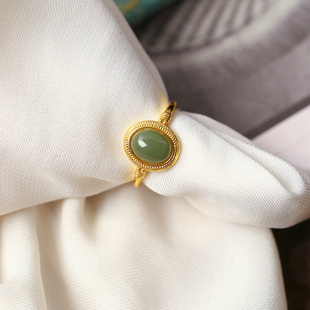 天然和田玉青玉蛋面纯银镶嵌款戒指 女款简约款戒圈饰品礼物