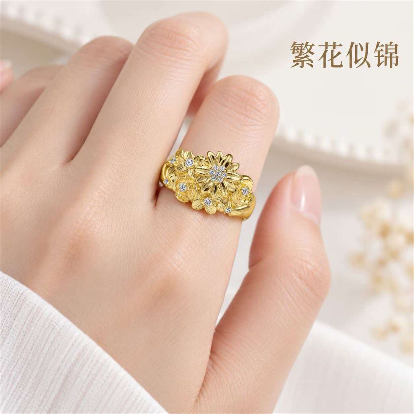 999纯银足银镀錾刻镶嵌繁花似锦款戒指指环 女款银开口戒指饰品