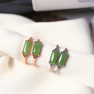 天然碧玉长方戒面款纯银托镶嵌款戒指 女款简约款戒圈饰品