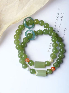 天然和田玉青玉晴水色原创款手链 料子冰透女款玉石葡萄绿色饰品